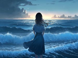 Preview wallpaper girl, ocean, waves, alone, anime, blue