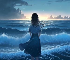 Preview wallpaper girl, ocean, waves, alone, anime, blue