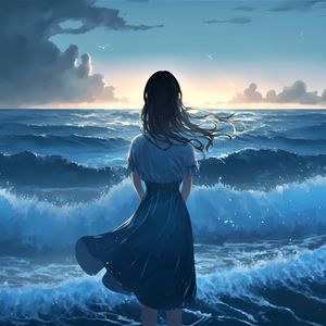 Preview wallpaper girl, ocean, waves, alone, anime, blue