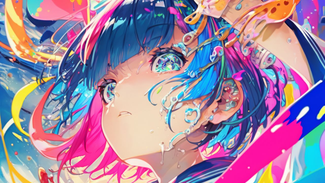 Wallpaper girl, paint, splashes, colorful, anime