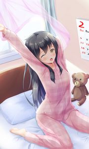 Preview wallpaper girl, pajamas, bed, morning, anime, art, cartoon