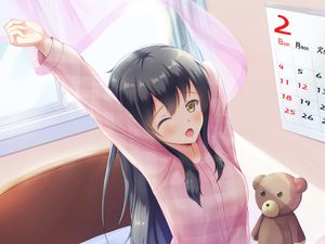 Preview wallpaper girl, pajamas, bed, morning, anime, art, cartoon