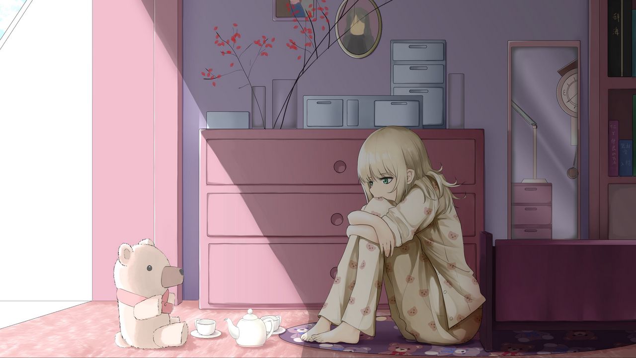 Wallpaper girl, pajamas, sad, anime, art, cartoon