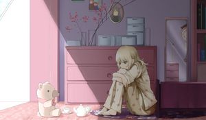 Preview wallpaper girl, pajamas, sad, anime, art, cartoon