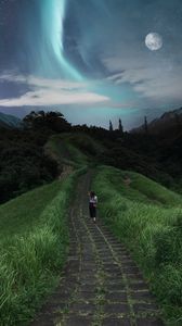 Preview wallpaper girl, path, stars, solitude, grass