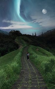 Preview wallpaper girl, path, stars, solitude, grass