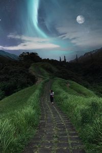 Preview wallpaper girl, path, stars, solitude, grass