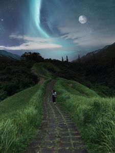 Preview wallpaper girl, path, stars, solitude, grass