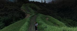 Preview wallpaper girl, path, stars, solitude, grass