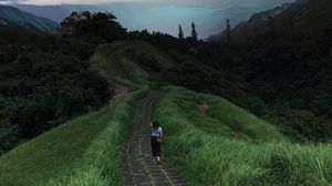 Preview wallpaper girl, path, stars, solitude, grass
