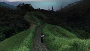 Preview wallpaper girl, path, stars, solitude, grass