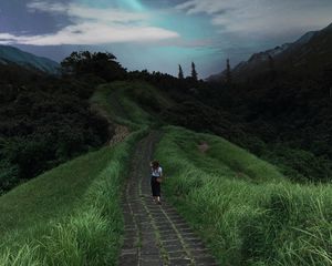 Preview wallpaper girl, path, stars, solitude, grass