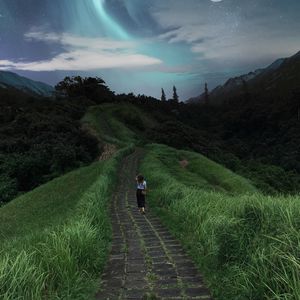 Preview wallpaper girl, path, stars, solitude, grass