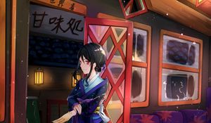 Preview wallpaper girl, paw, kimono, door, anime