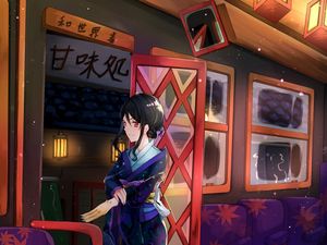 Preview wallpaper girl, paw, kimono, door, anime