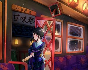 Preview wallpaper girl, paw, kimono, door, anime