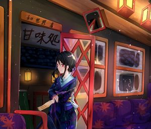Preview wallpaper girl, paw, kimono, door, anime