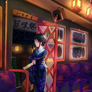 Preview wallpaper girl, paw, kimono, door, anime