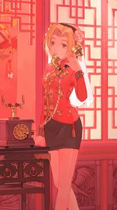 Preview wallpaper girl, phone, anime, art, red