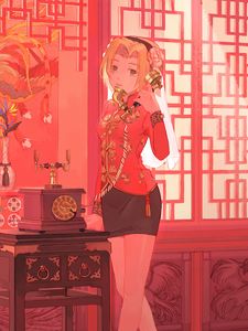 Preview wallpaper girl, phone, anime, art, red