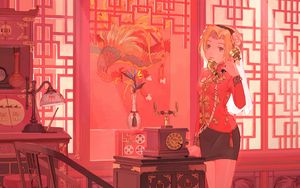 Preview wallpaper girl, phone, anime, art, red