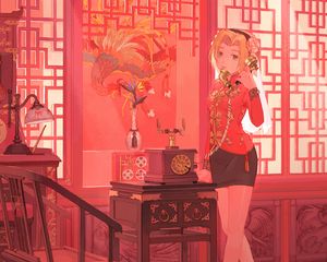 Preview wallpaper girl, phone, anime, art, red