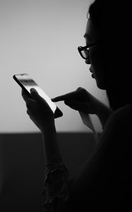 Preview wallpaper girl, phone, bw, dark, touch