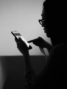 Preview wallpaper girl, phone, bw, dark, touch