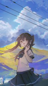 Preview wallpaper girl, phone, mountain, anime, art, cartoon