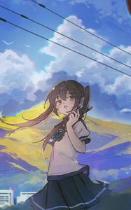 Preview wallpaper girl, phone, mountain, anime, art, cartoon