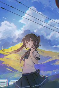 Preview wallpaper girl, phone, mountain, anime, art, cartoon