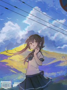 Preview wallpaper girl, phone, mountain, anime, art, cartoon