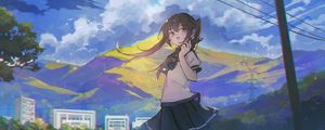 Preview wallpaper girl, phone, mountain, anime, art, cartoon