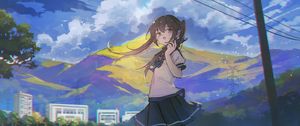 Preview wallpaper girl, phone, mountain, anime, art, cartoon