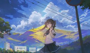 Preview wallpaper girl, phone, mountain, anime, art, cartoon