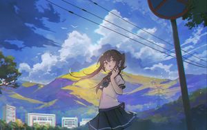 Preview wallpaper girl, phone, mountain, anime, art, cartoon