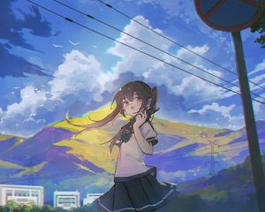Preview wallpaper girl, phone, mountain, anime, art, cartoon