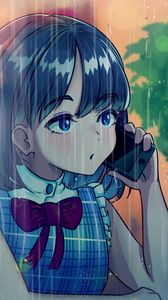 Preview wallpaper girl, phone, rain, anime, art