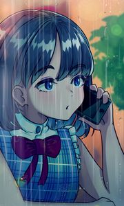 Preview wallpaper girl, phone, rain, anime, art