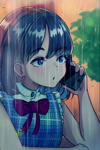 Preview wallpaper girl, phone, rain, anime, art