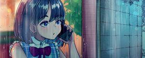 Preview wallpaper girl, phone, rain, anime, art