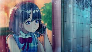 Preview wallpaper girl, phone, rain, anime, art