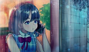 Preview wallpaper girl, phone, rain, anime, art