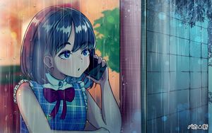 Preview wallpaper girl, phone, rain, anime, art