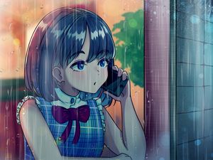 Preview wallpaper girl, phone, rain, anime, art