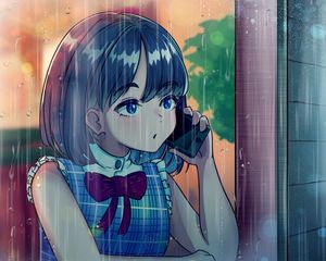 Preview wallpaper girl, phone, rain, anime, art