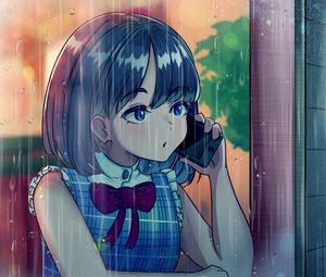 Preview wallpaper girl, phone, rain, anime, art