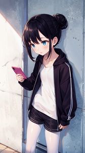 Preview wallpaper girl, phone, shorts, anime, art