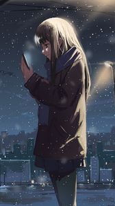 Preview wallpaper girl, phone, snow, winter, anime