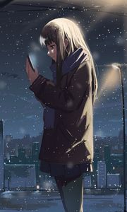 Preview wallpaper girl, phone, snow, winter, anime